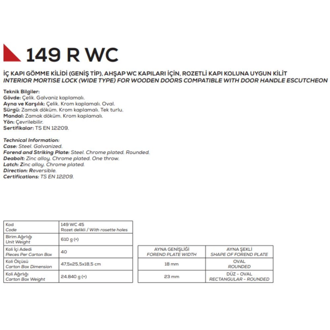 149Rwc 45 Mm Krom-Oval Dar Ayna Banyo-Wc Kilidi - Görsel 4